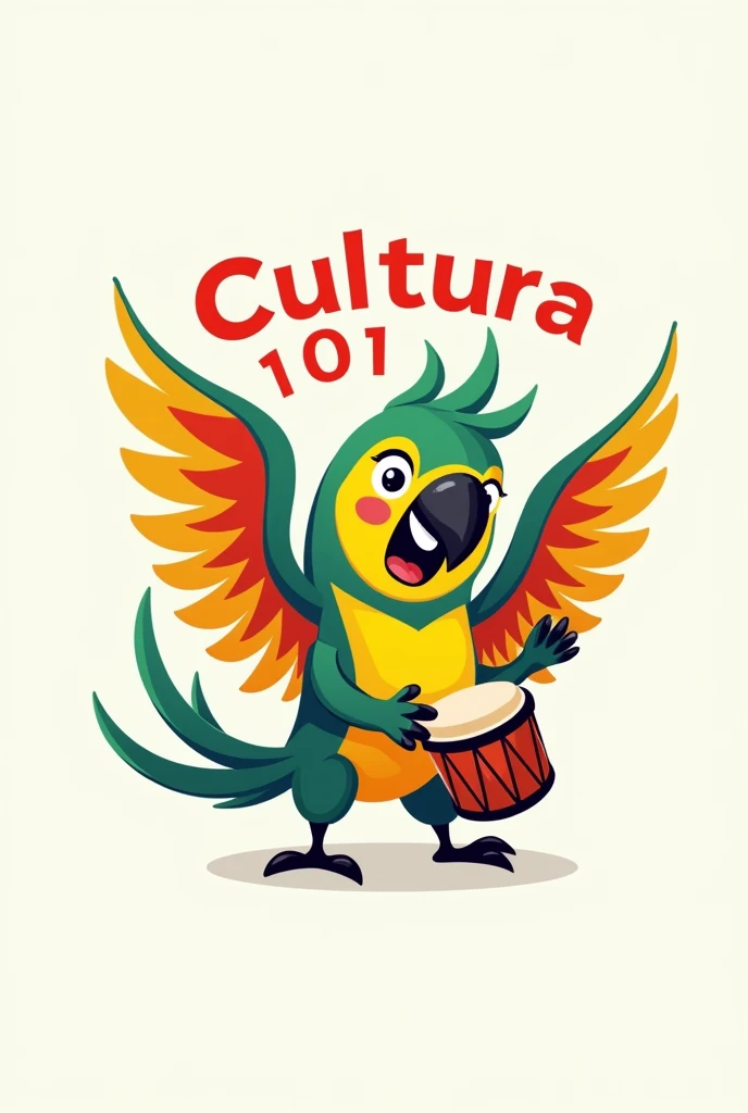 Logo Idea 4:Create a flat vector, illustrative-style mascot logo design for a music brand named Cultura 101, featuring a lively parrot playing a djembe, with Cultura 101 integrated into its wings. Utilize bright colors like tropical greens, yellows, and re...