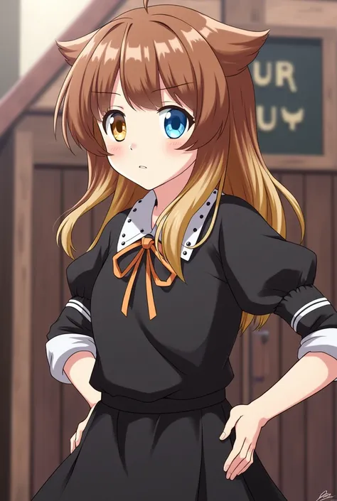 Screenshot nanatsu no Taizai . Girl with brown hair and the back is light blonde, hip-length bow with bangs. His right eye is pastel ice blue and his left eye is honey colored.  has a cheerful and calm expression .  she is wearing a half-fight black costum...