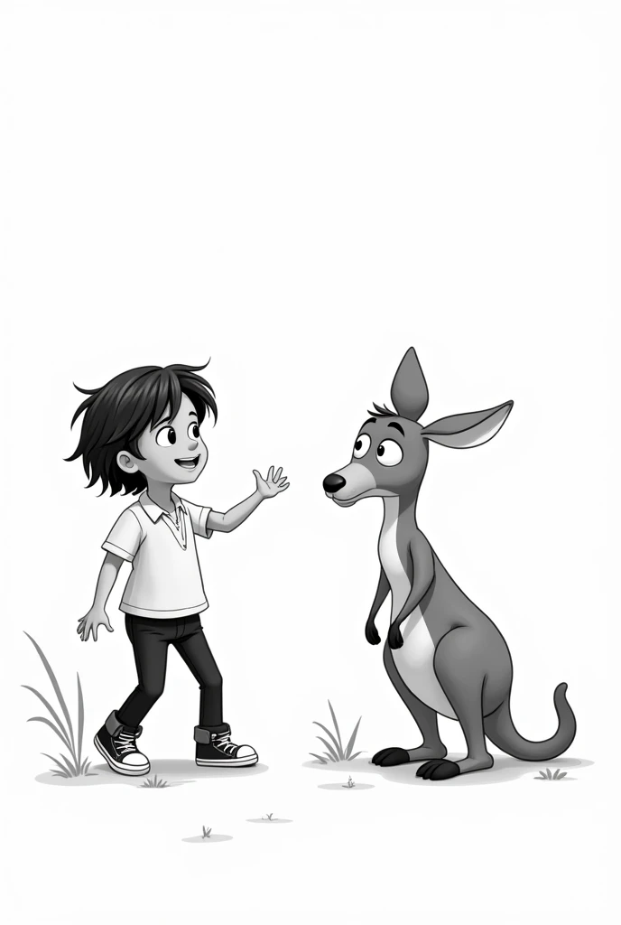 Create a black and white animation, a girl with short hair and a simple kangaroo wearing black pants and sneakers 