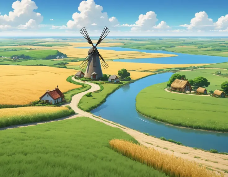 High Harbor, a single road in a vast wheat field, a small village in the distance, a lake and a windmill beside it. A background reminiscent of Studio Ghibli