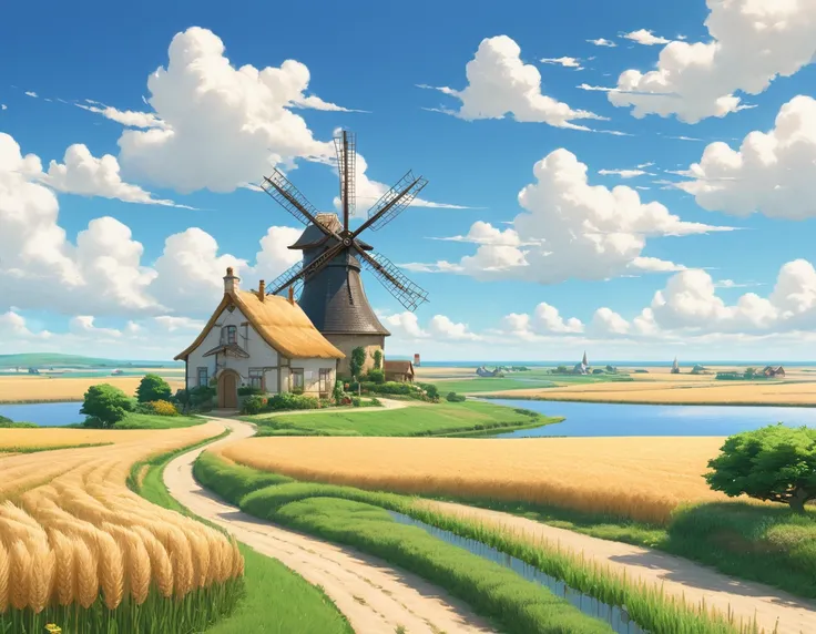 High Harbor, a single road in a vast wheat field, a small village in the distance, a lake and a windmill beside it. A background reminiscent of Studio Ghibli