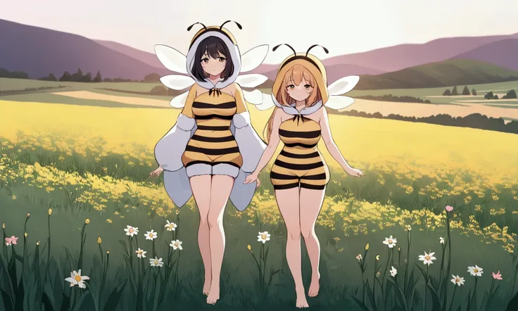 A cute woman in a sexy bee costume, bare feet, is wandering through a field with several wild flowers
