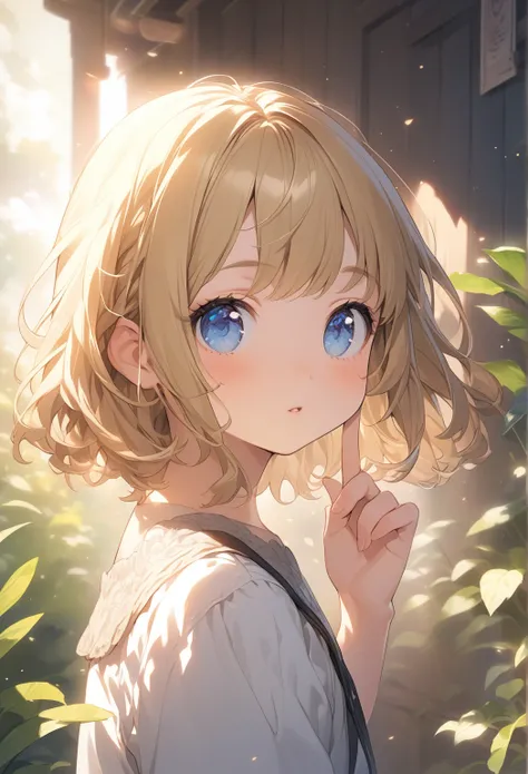 Anime girl with blond hair and blue eyes touching her face,  cute girl anime visual , Cute anime face, Cute natural anime face,  SHORT HAIR IN PROFILE , extremely  cute anime girl  face,  cute anime girl ,  cute anime girl  portraits, With index finger, Gw...