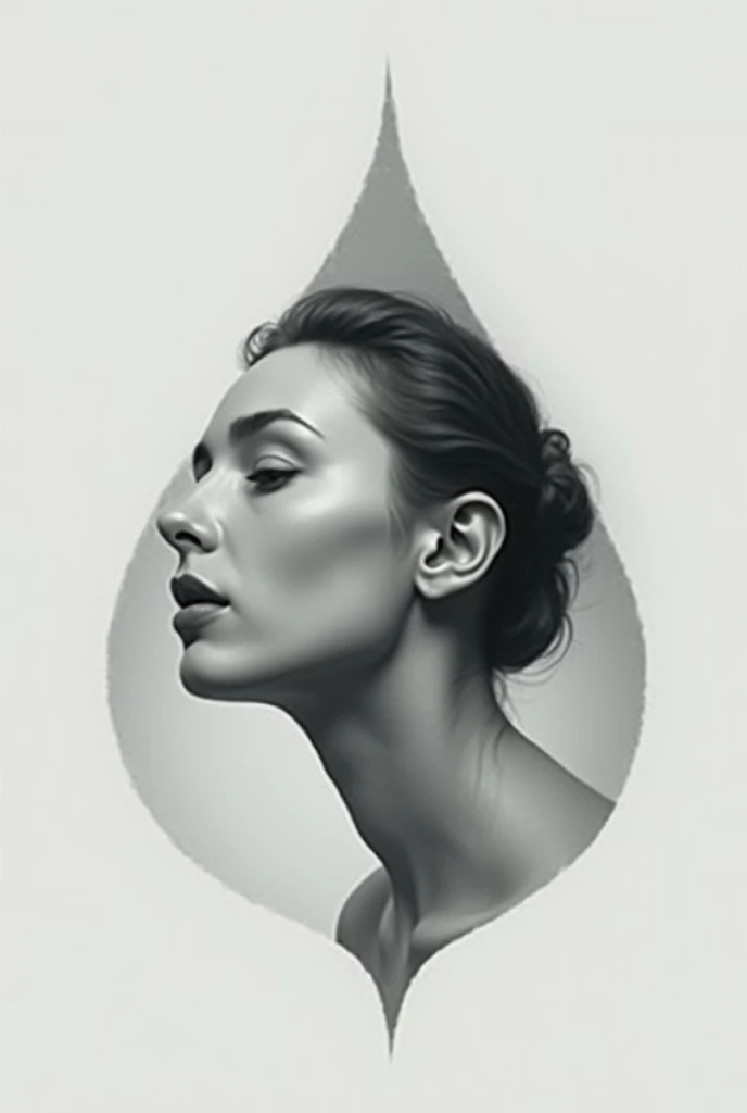 womans face,  painted in shades of gray, in the shape of a droplet 