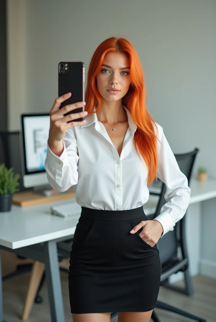 girl with long orange hair, orange eyebrows with green eyes, 20 years old in a white long-sleeved office shirt with a tight black tube skirt taking a selfie with her iPhone in her work office