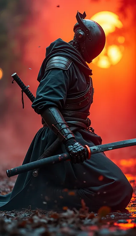 UNI_SCI_FI_CORE closeup portrait photo of an Elysium Robot Cyborg Samurai, macro, a captivating vibrant dark capturing the essence of a cyborg Bedouin sorcerer in fight stance, Kneeling infront of japanese shire. ethereal, smoky backdrop. throwing a transl...