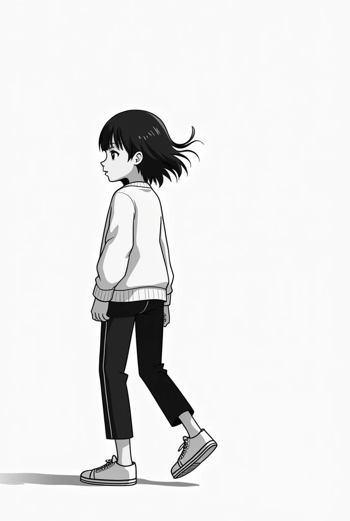 Create a black and white animation, girl with short fringe hair wearing a simple swater with black pants and sneakers 