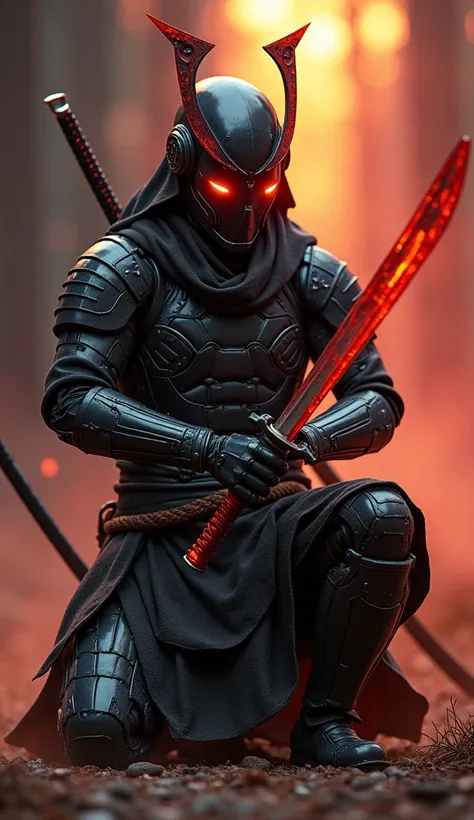 UNI_SCI_FI_CORE closeup portrait photo of an Elysium Robot Cyborg Samurai, macro, a captivating vibrant dark capturing the essence of a cyborg Bedouin sorcerer in fight stance, Kneeling infront of japanese shire. ethereal, smoky backdrop. throwing a transl...