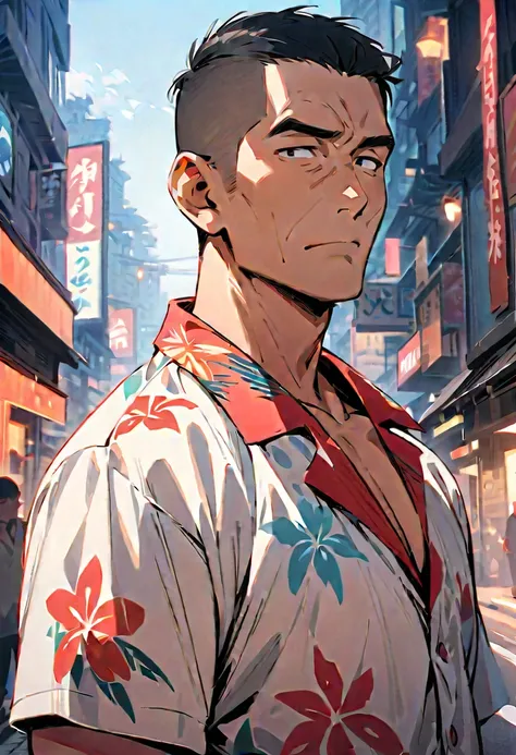 (Masterpiece, high resolution, best quality), solo, 1 male, 50-years old man, asian, black hair, crew cut, slant eyes, tall and muscular, aloha shirt, looking at viewer, upper body, cityscrape background