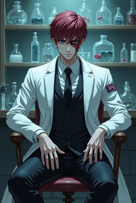 A man, handsome face, dark black eyes, short wine red hair, wearing a white robe inside a suit, one face has a burn scar, a tall and muscular body, sitting in a laboratory, Moderately muscular, Pale white skin, Anime style. 