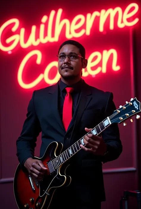 Handsome blackman in a black suit and red tie with a guitar . In the background you can read "Guilherme Cohen" in a capitular font on a neon sign featuring the musician of the evening today. shaved hair style, black color hair, very short hair.