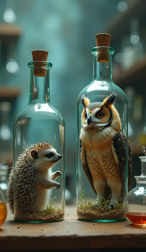 Hedgehog  and Great Horned Owl in two bottle in the lab