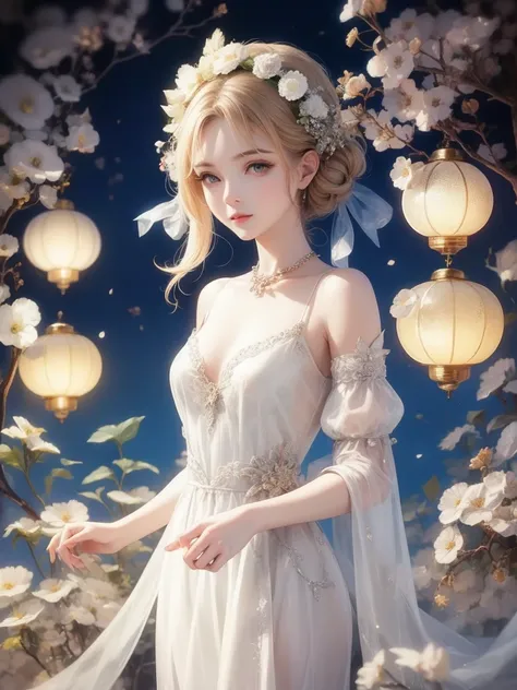 lantern、Vintage Beauty Wearing Off Shoulder、Moon background、、 upper body