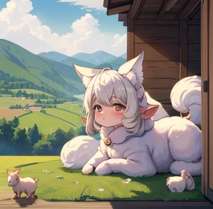 masterpiece,  best quality, 8k,  Illustration ,  Pastoral idyll , cute，((Baby kitsune：1.3)),Sheep  ,  medieval country hut，