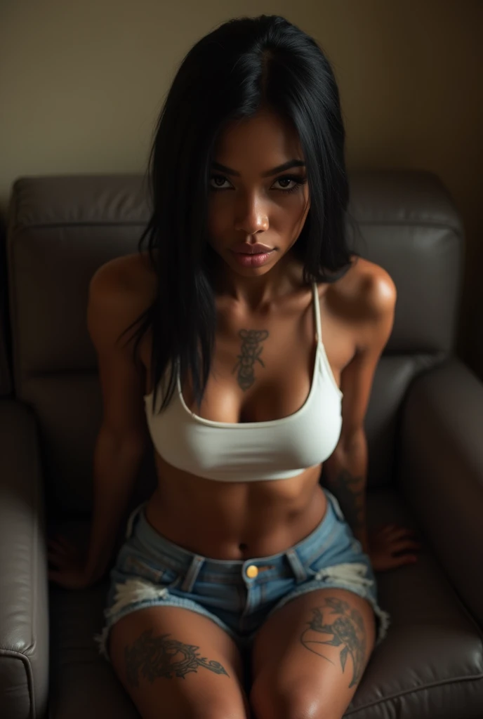 Realistic, Anatomically Correct, Best Quality, Super Detailed, dimly lit living room, black woman, age 30, dark skin, slim body, long straight black hair, middle part, almond eyes, hairline tattoo, neck tattoo, nice lips, round medium sized breasts, slim a...