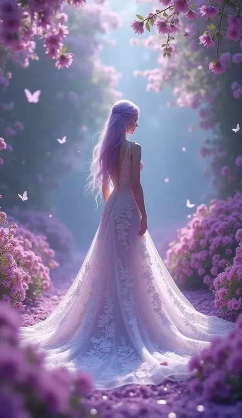 A beautiful model in a fantasy, purple and pink, flowers and butterflies, very long wedding gown