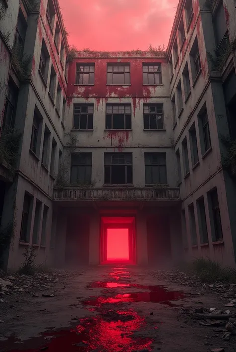 an abandoned hospital , Modern, destroyed, red light, Walls written in blood. 