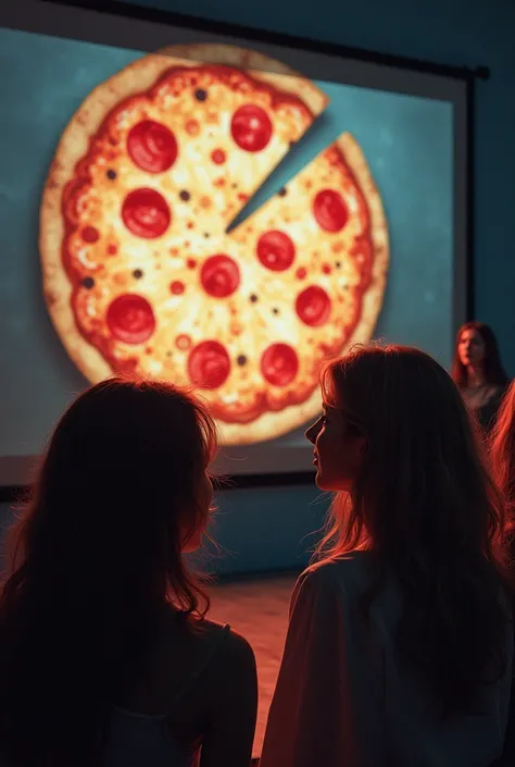 Create an image where teenagers are watching the pizza because this is a film projected about identity and its teacher talking on the side of the pizza 