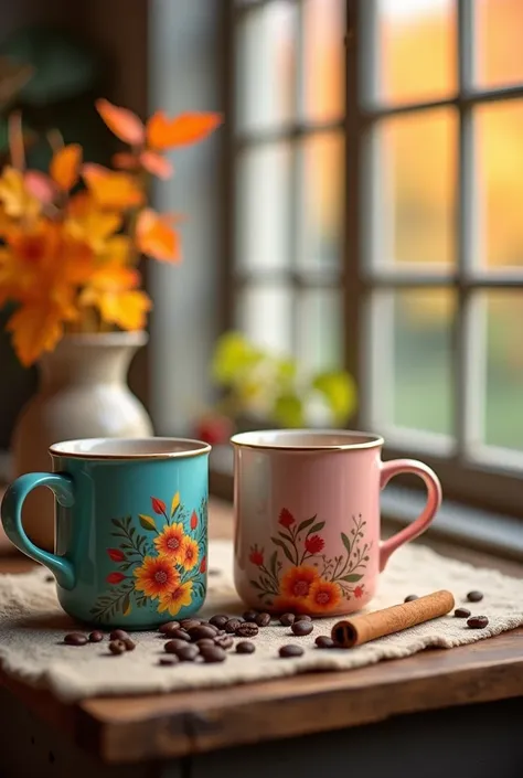 A cozy autumn scene featuring two beautifully designed coffee cups on a rustic wooden table. One cup is turquoise with vibrant floral patterns, while the other is soft pink adorned with delicate leaves. The background showcases large windows with colorful ...