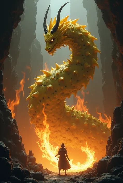 Create final fantasy style: a large salamander caterpillar with yellow scales with black dots on the body with 2 horns creeping and exuding fire through the body in a cave 