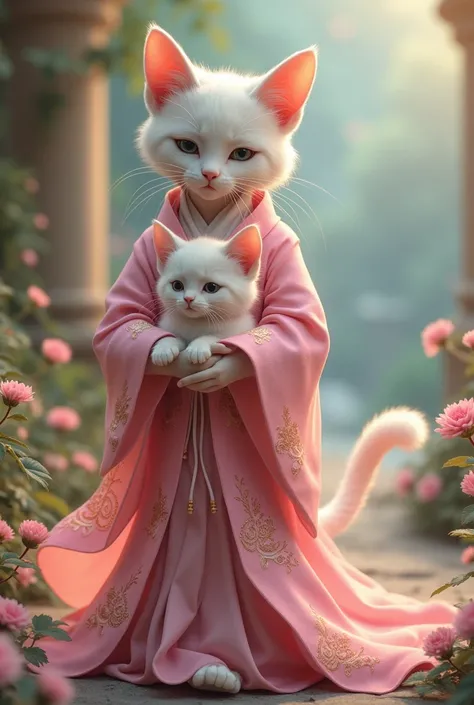 A lady cat wearing furaq of pink color in human body  as well her kitten too