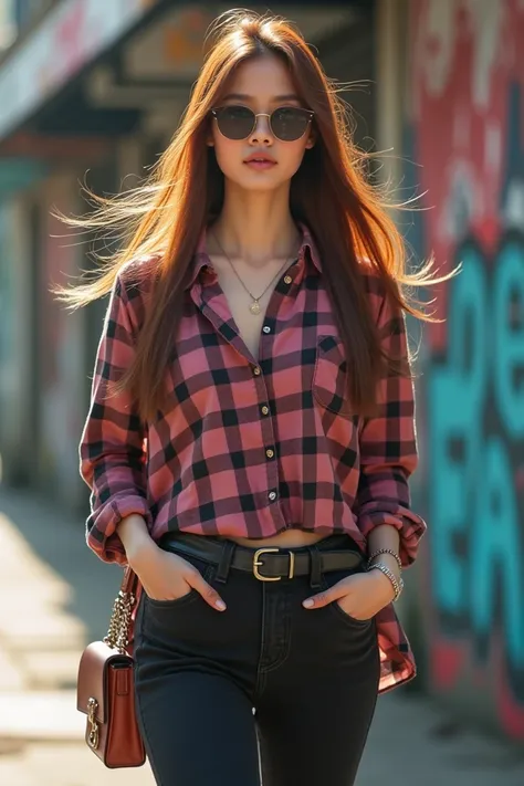 Real picture,  a beautiful young chubby Indonesian woman , long straight black reddish brown hair blowing in the wind,dynamic pose , wears dusty pink and black checkered shirt ,black jeans,  sneaker , holding and wearing sunglasses ,hand put pants pocket  ...