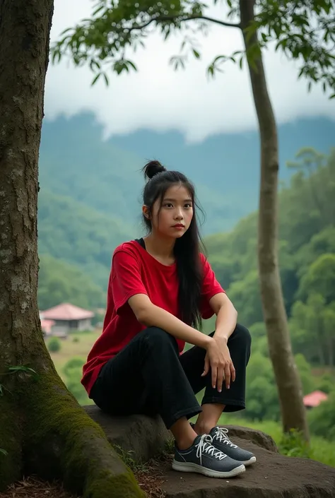 realistic, cinematic, Close-up, a beautiful Indonesian woman is sitting on a rock under a tree on the outskirts of the village and looking at the camera, with the village, trees and clouds in the background. He wore a red t-shirt, black jeans, and sport sh...