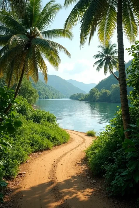 Real photo of a dirt road behind the bay of a tropical river 