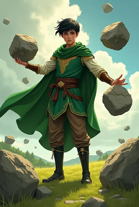 (comic) A teenage boy ,  with black hair,  brown eyes ,  wearing medieval green clothing with gold details , green cape, brown pants and black boots , in a field,  using your hands to levitate giant rocks around