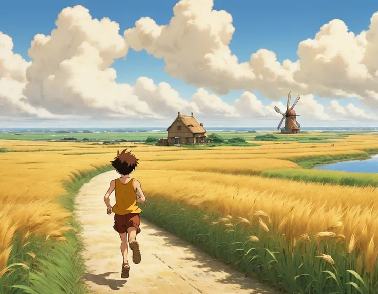 Future Boy Conan, a boy in his  wearing an ochre tank top and brown shorts, running along a single road in the vast wheat fields of High Harbor, from behind. a small village visible in the distance, a lake and a windmill beside it. A background reminiscent...