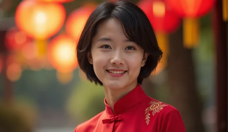 cinematic photo vietnamese man 20 years old, 3/4 shot, with gorgeous eyes and skin, smiling, short hair, Ao Dai red dress, Tet holiday. 35mm photography, film, bokeh, professional, 4k, highly detailed