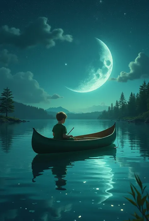  Cano in a lake where the water is transparent at the bottom of the canoe there are stars and a crescent on the right side. In Cano a there is a boy dressed in green fishing 