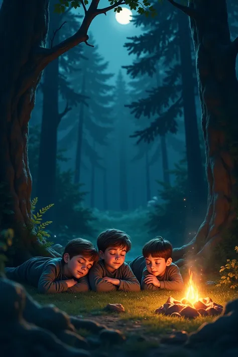 Make a 3 boys sleeping in da dark forest
