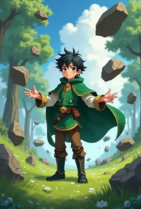 (anime) A teenage boy ,  with black hair,  brown eyes ,  wearing medieval green clothing with gold details , green cape, brown pants and black boots , in a field,  using your hands to levitate giant rocks around