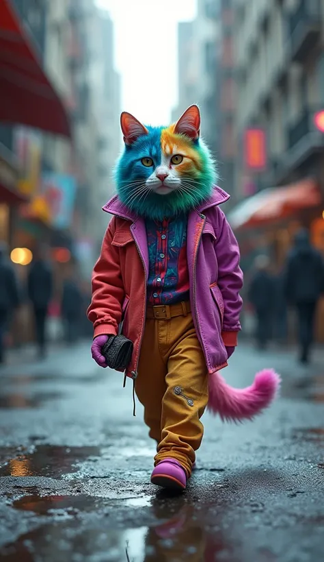 A rainbow cat is walking in the street and the colour on his body flow away in the water and he turned out to be an ugly cat when all the colour from his body swept away  Modern human attire 3d renderings 