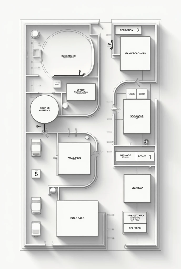 Parking 
Reception
Research Area
Quality control area
Sales Area
Finance Area 
Weighing area
Manufacturing Area 
winery
Human Rights 
Cleaning service
Restrooms


A plan with these features, minimalist in 2d but that has all the elements given 
But name ea...