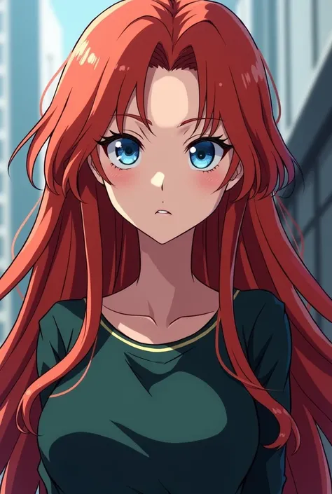 Girl with a mature appearance and a little serious, Make it look like 20 years old .  red hair,  blue eyes and style from the anime Boku No Hero Academia. 