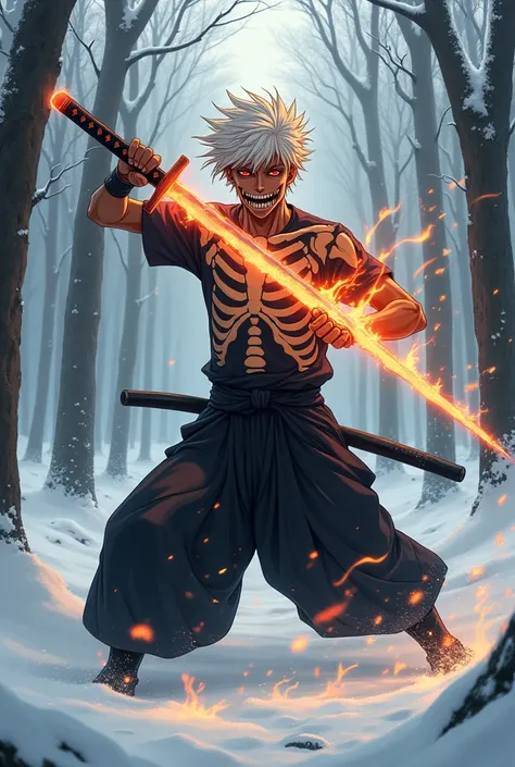 Anime Style. Doing a samurai stance with a flaming katana. Full body style. Background, winter in the forest.
brown-skinned toned young man with spiky white hair and bright red crimson eyes. His face displays a striking half skeleton design, mainly the low...