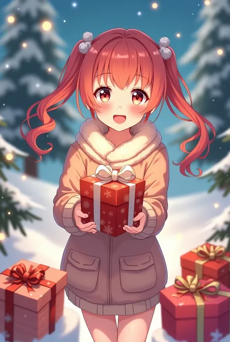 Create a teenage anime-style girl giving Christmas presents 
