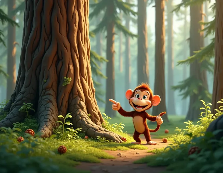 In the forest, a little monkey is pointing at a pine tree，Pixar cartoon style