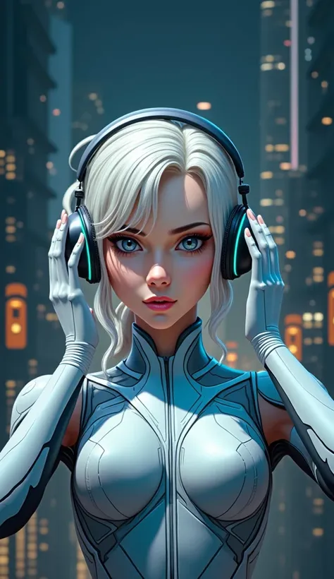 A woman in a futuristic suit with headphones on