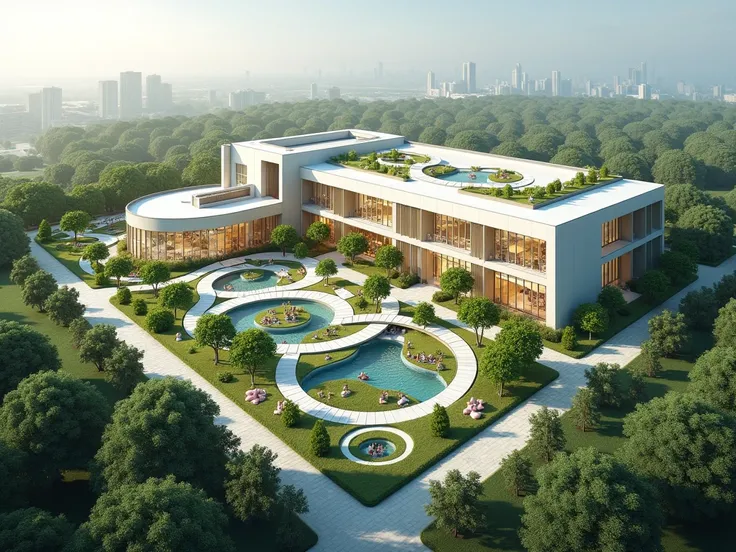 GIVE ME A FORMAL ARCHITECTURAL, FUNCTIONAL AND AESTHETIC PROPOSAL WITH GREEN AREAS OF A SPECIALIZED HOSPITAL-TYPE PEDIATRIC INSTITUTE BUT OUTSIDE THAT CAN BE SEEN FROM A BIRDS EYE VIEW OTHER IDEAS