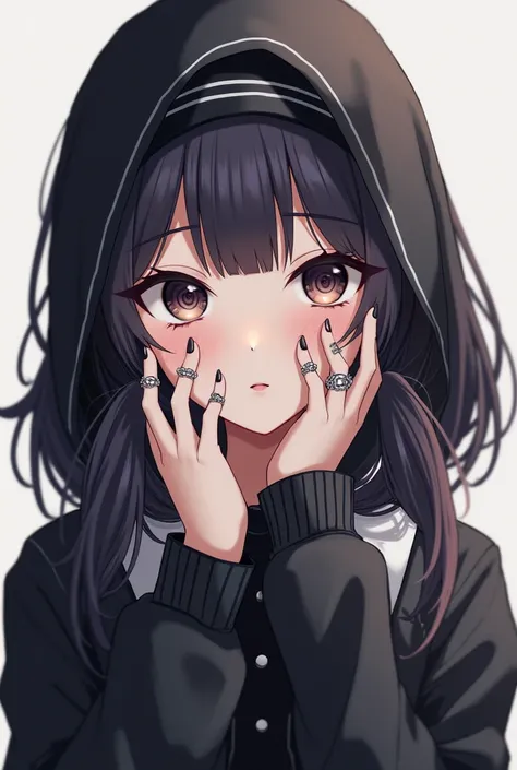  Tender anime girl with mesmerizing eyes,  with rings on her hands ,  a black and white scarf on her forehead , two pigtails and gothic  
