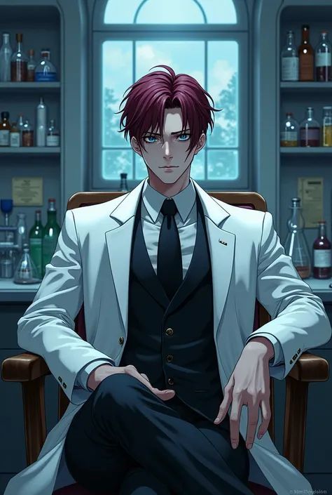 A man, handsome face, dark black eyes, short wine red hair, wearing a white robe inside a suit, one face has a burn scar, a tall and muscular body, sitting in a laboratory, Moderately muscular, Pale white skin, Anime style. 