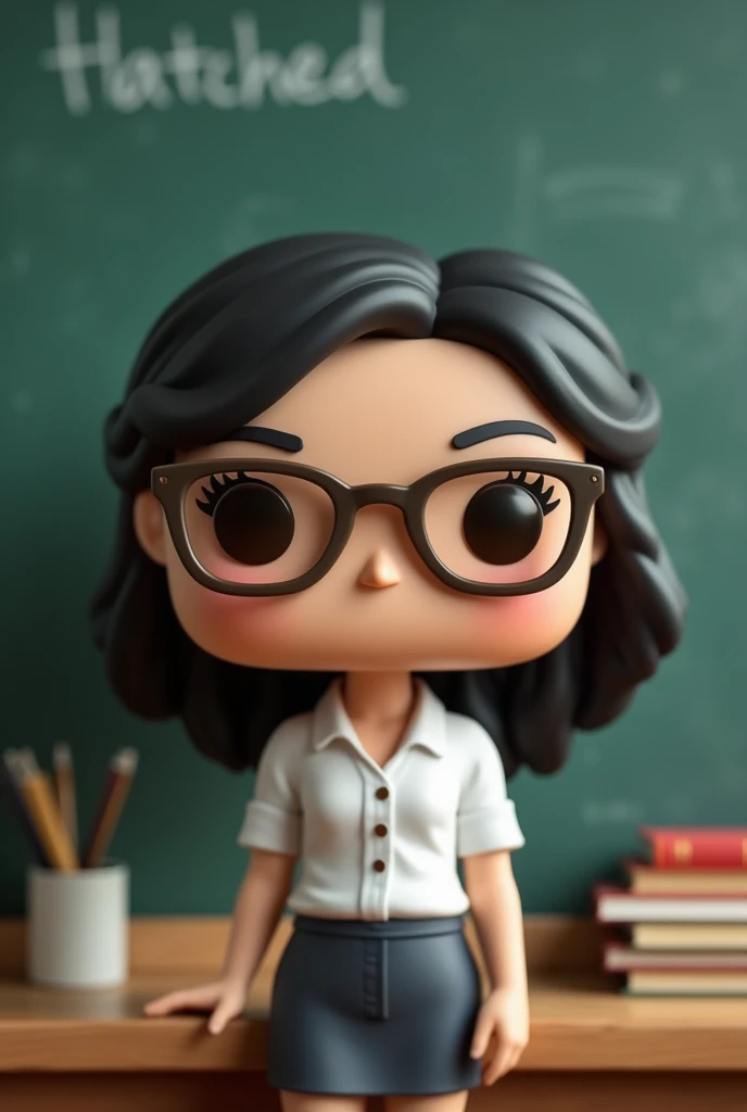 Do a Funko of a Female Teacher , with glasses, wavy black hair and a blackboard in the back 