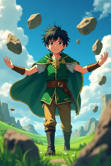 (anime) A movie poster with the title "Earth", with a teenage boy ,  with black hair,  brown eyes ,  wearing medieval green clothing with gold details , green cape, brown pants and black boots , in a field,  using your hands to levitate giant rocks around