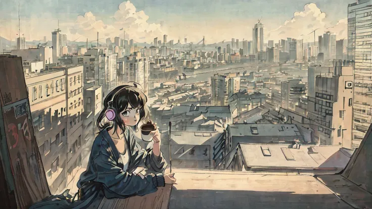 1 person, 80s anime style, I have headphones on, coffee, Retro, Lo-Fi,City view in the background,contemporary art, chill,