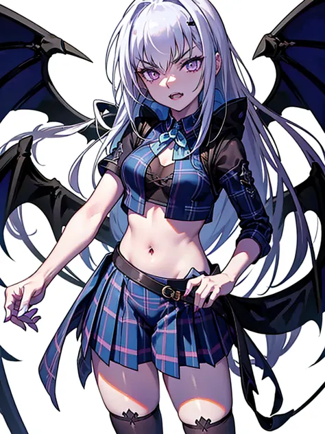 i can see the fangs、double teeth、i wore black tights (  light blue plaid pleated skirt : 1.2), (  high definition cg unity 8k wa...