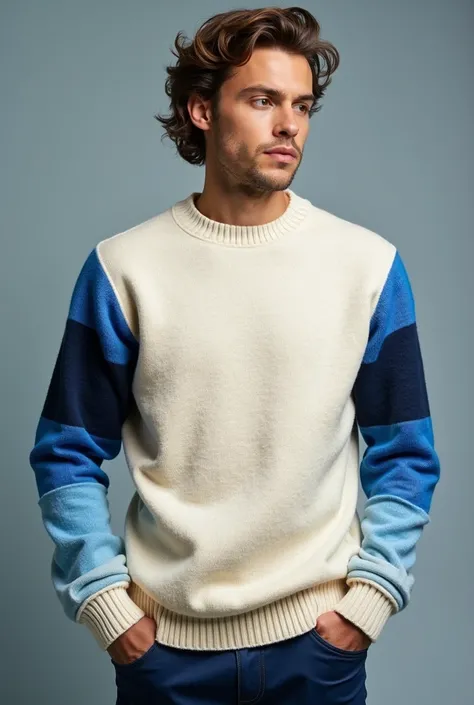 football sweater with cream on most parts and several types of pretty blue short sleeves 