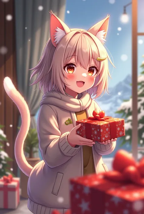 Create an adult anime-style cat girl giving Christmas presents 
